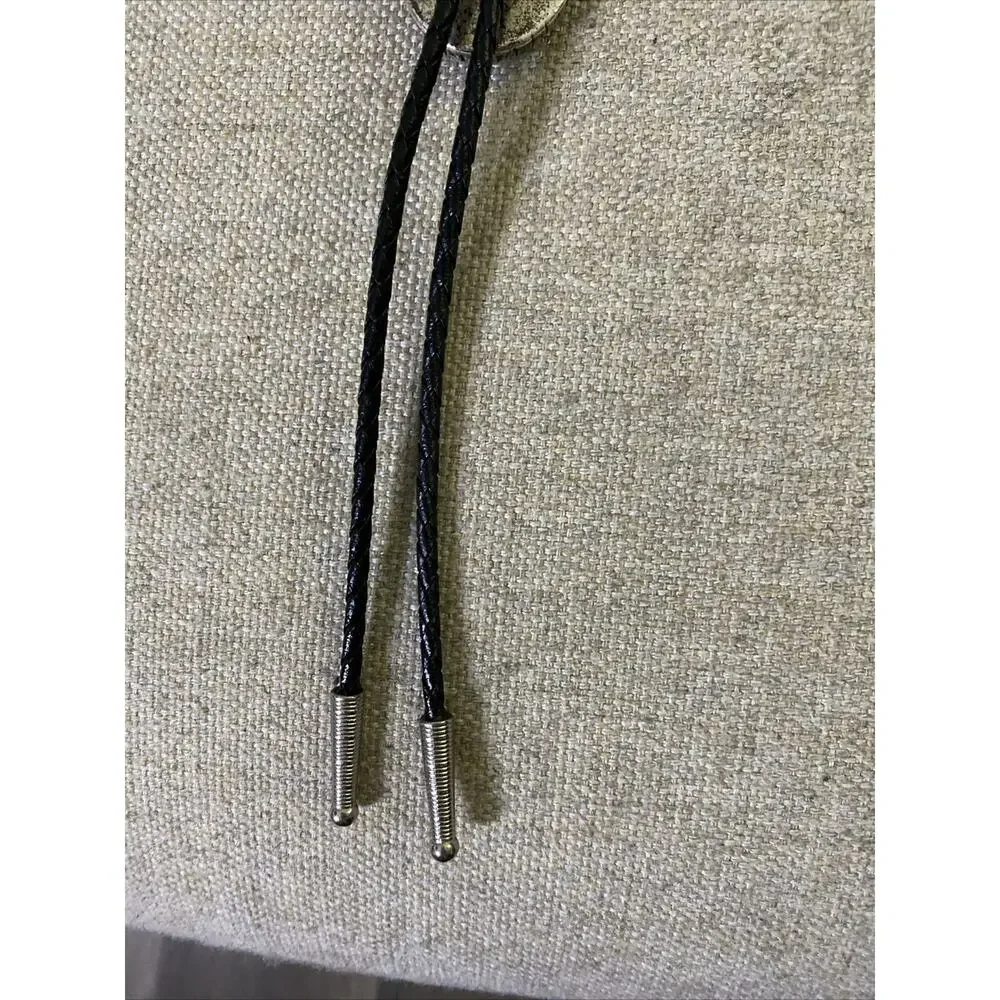 Vtg MCM Brutalist Silver Plate Bolo Tie Black Leather Western Modernist